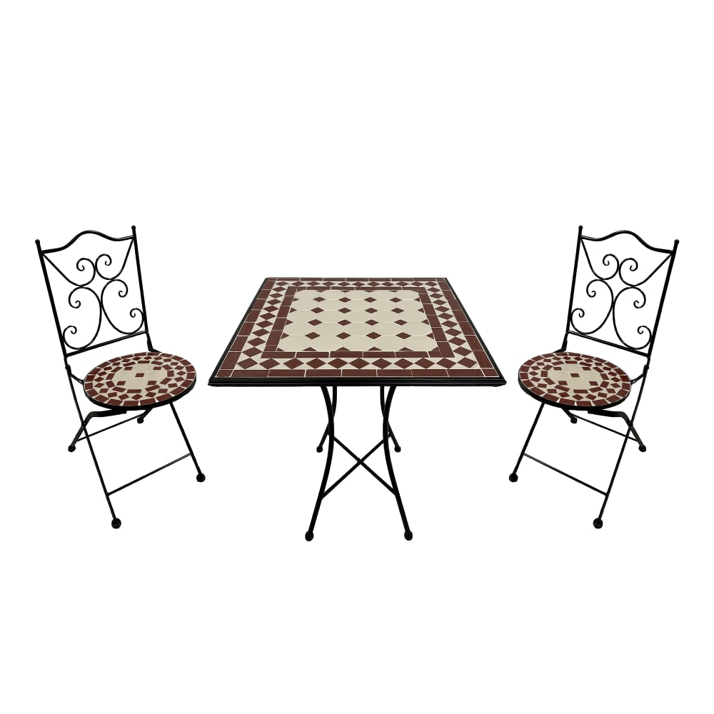 Table bistrot, 2 chaises, mosaïque, rouge/blanc