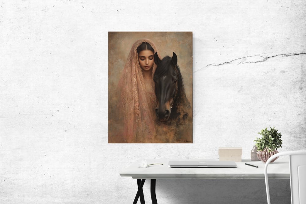 Wandbild Frau mit Pferd Alu-Dibond 100x75, Mehrfarbig - Maisons