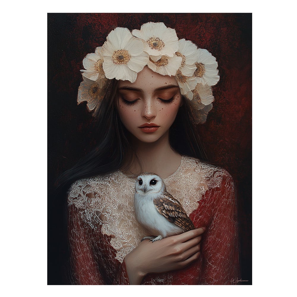 Tableau Femme avec fleurs et oiseau alu dibond 30x40