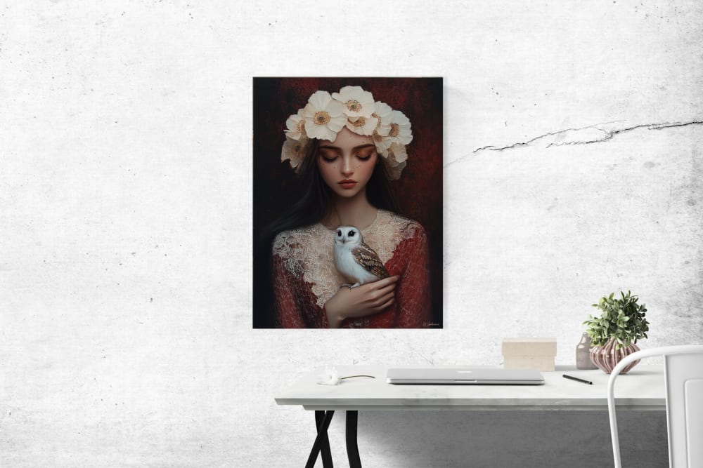 Tableau Femme avec fleurs et oiseau alu dibond 30x40 - Maisons du Monde