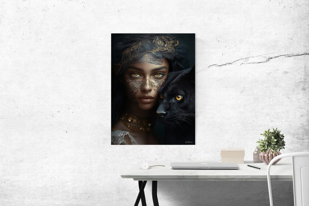 Gemälde Frau mit Panther Alu-Dibond 15x20, Mehrfarbig - Maisons