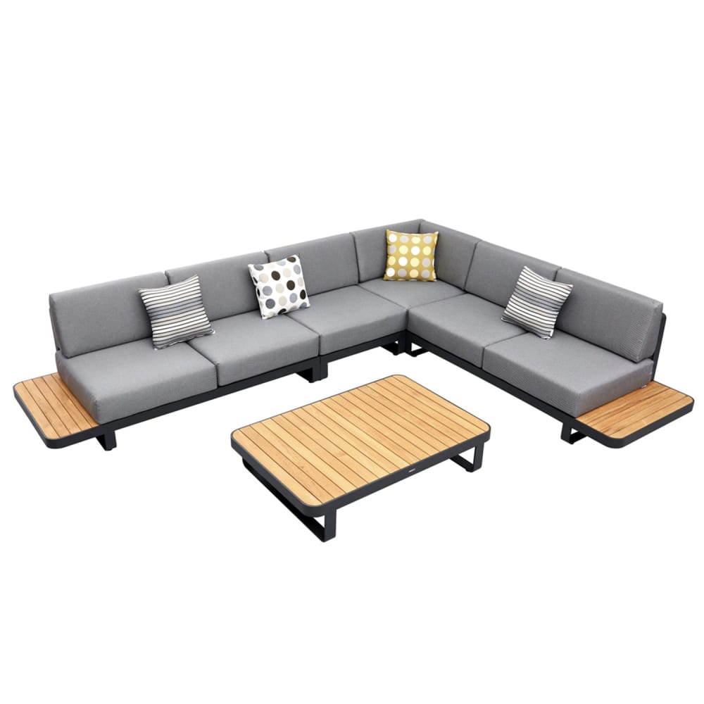 Salon de jardin d'angle gris en aluminium 6 places