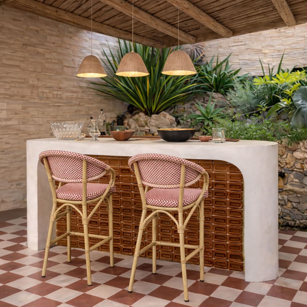 Now's Home Lot de 2 fauteuils de bar extérieur en aluminium effet rotin rouge style vintage