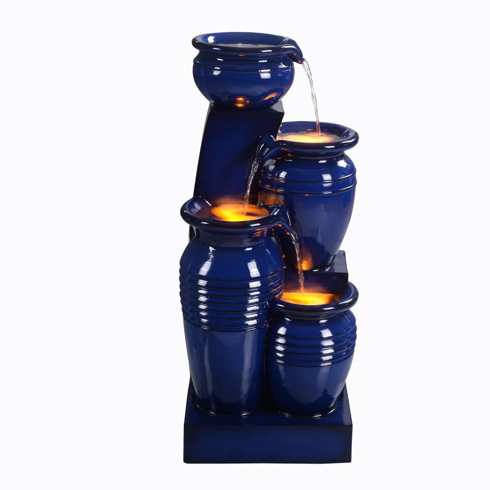 TEAMSON Verleihen Sie Ihrem Außenbereich rustikalen Charme mit diesem 4-stufigen Solarbrunnen. Marineblaue Oberfläche mit braunen Akzenten. Blau