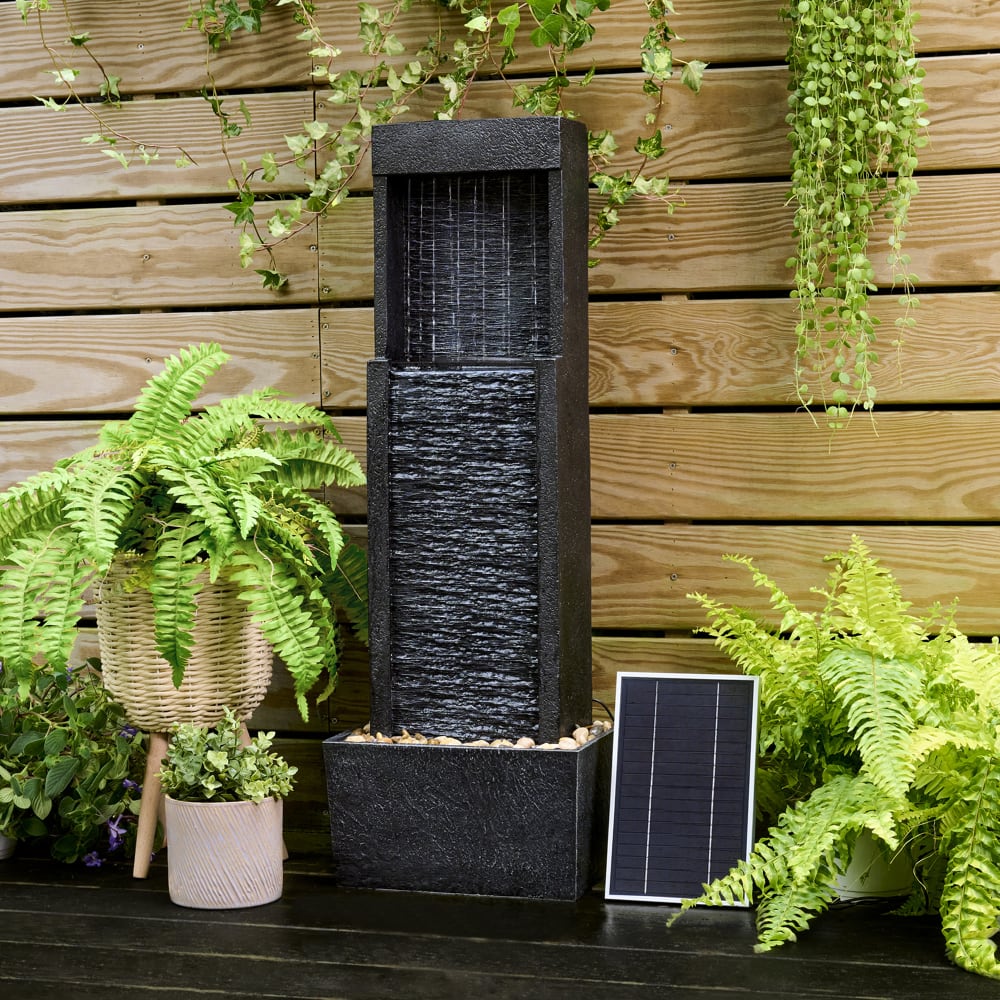 Fontaine solaire cascade en polyrésine, noire