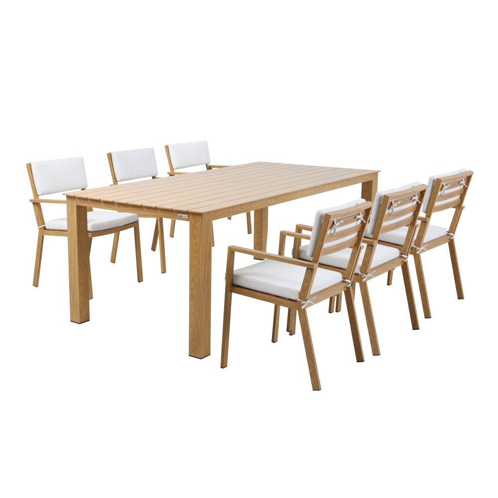 Ensemble de jardin avec 6 chaises en aluminium aspect bois, beige
