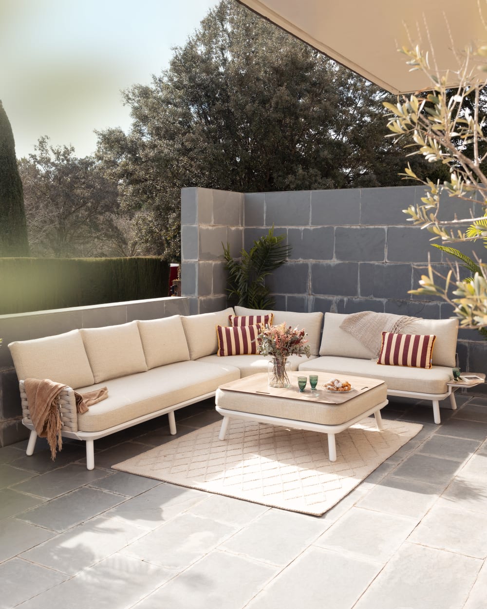 Fauteuil de jardin d'angle modulable blanc et corde beige - Maisons du Monde