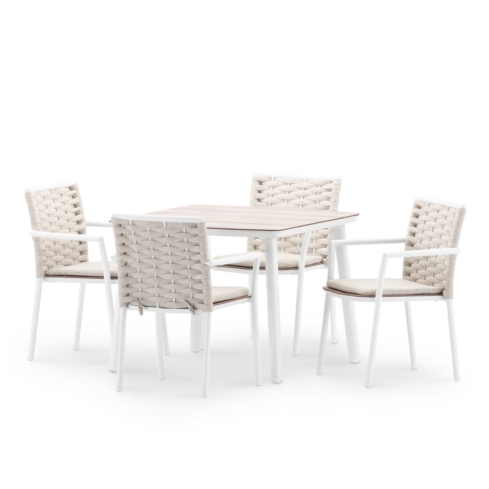 Salon de jardin 4 places blanc et effet bois