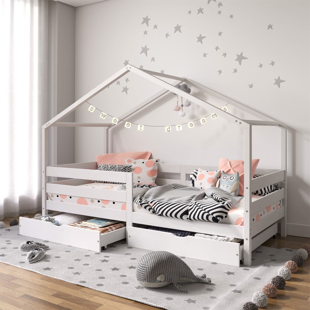 Lit cabane enfant 2 tiroirs en bois massif blanc, 90 x 200 cm - Maisons du Monde