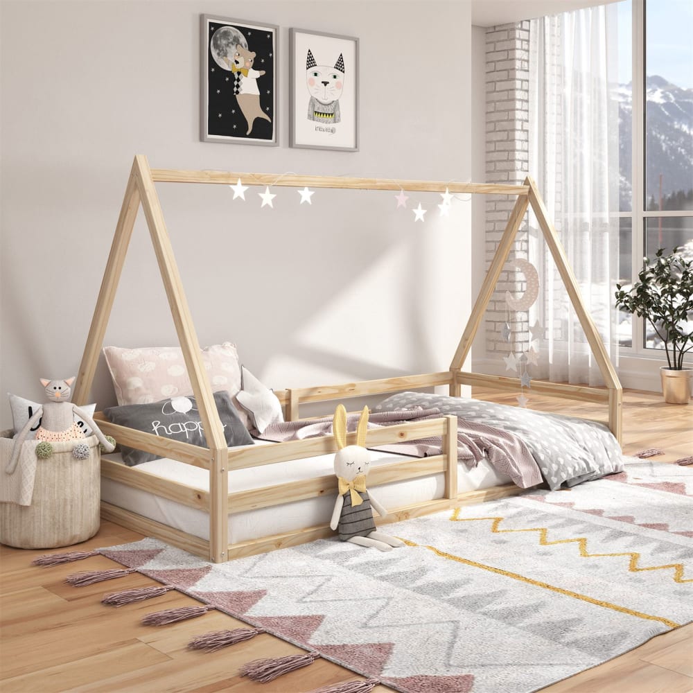 Lit cabane enfant montessori au sol en bois coloris naturel 90 x 200 (IDIMEX) - Image 1