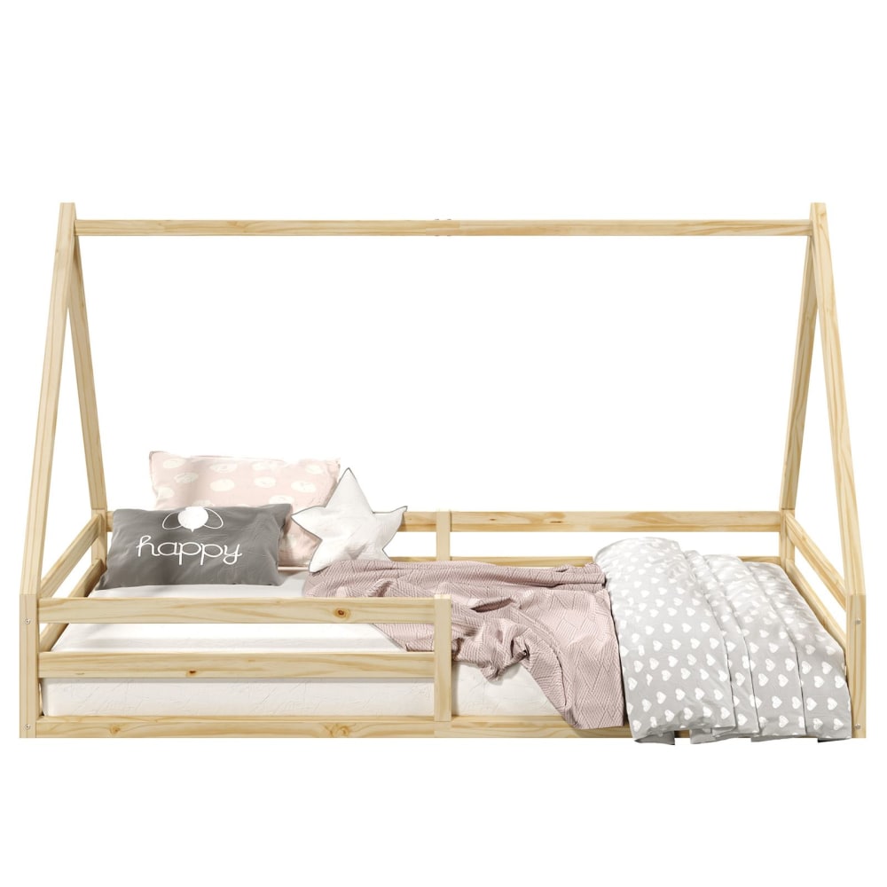 Lit cabane enfant montessori au sol en bois coloris naturel 90 x 200 (IDIMEX) - Image 2