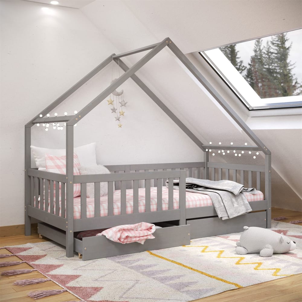 Lit cabane enfant 2 tiroirs en bois massif, gris, 90 x 200 cm - Maisons du Monde