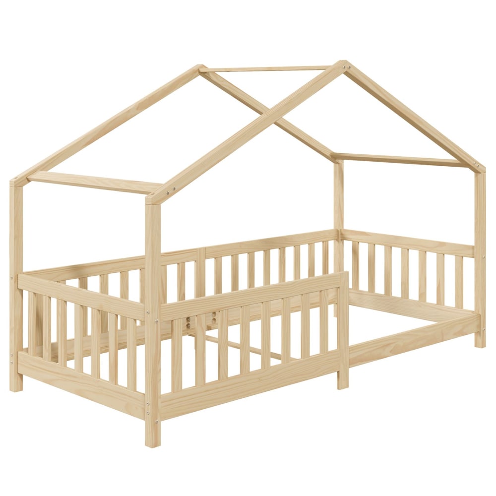 Lit cabane enfant Montessori en bois massif coloris naturel, 90 x 200