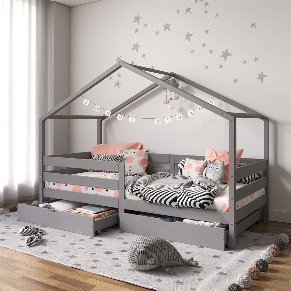 Lit cabane enfant 2 tiroirs en bois massif gris, 90 x 190 cm - Maisons du Monde