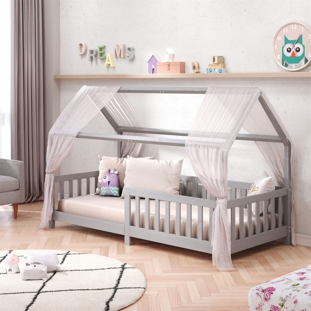 Lit cabane enfant montessori en bois massif, gris, 90x200 cm - Maisons du Monde