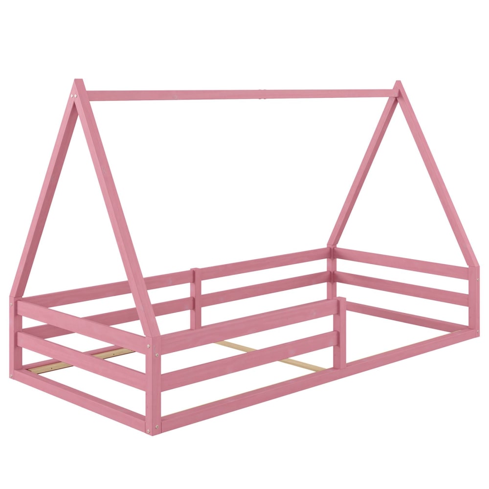 Lit cabane enfant montessori au sol en bois massif rose, 90 x 190 cm