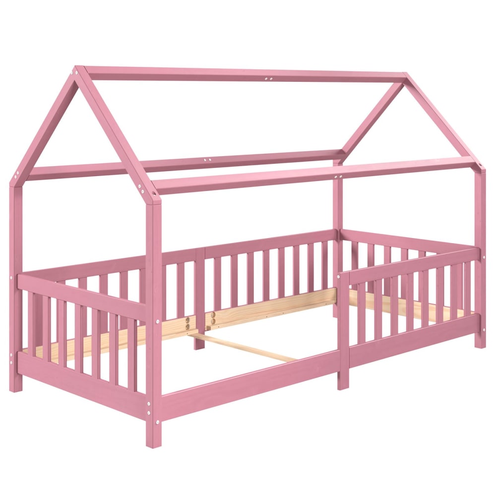 Lit cabane enfant Montessori en bois massif, rose, 90x200 cm