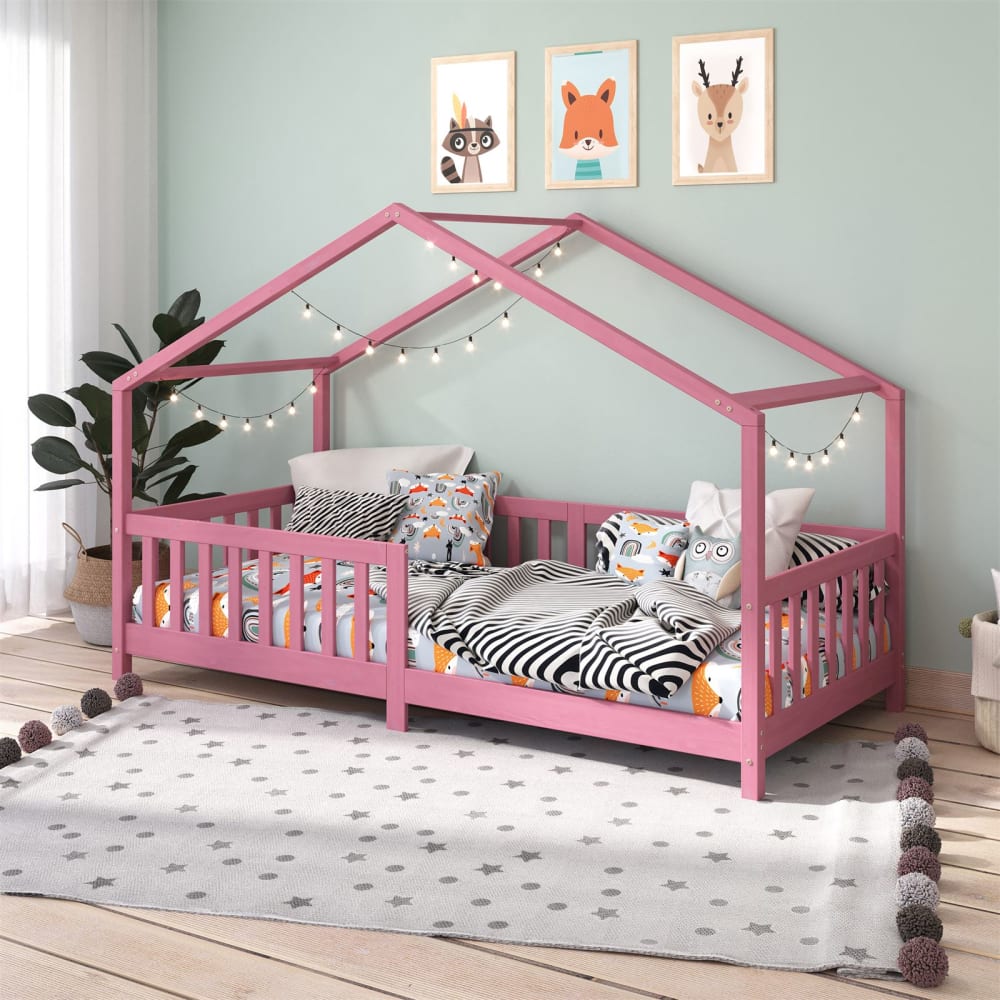 Lit cabane enfant montessori en bois massif rose, 90 x 190 cm - Maisons du Monde