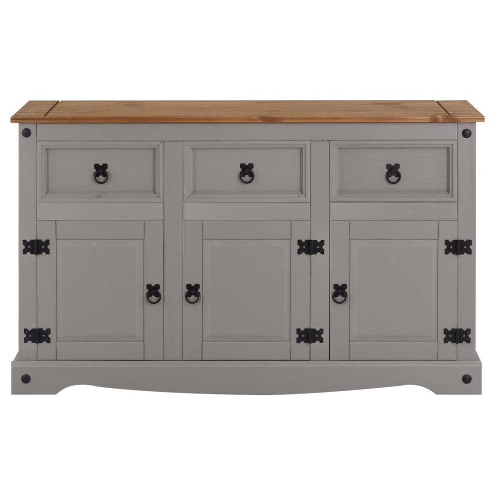 Buffet 3 tiroirs 3 portes en bois massif, gris/brun