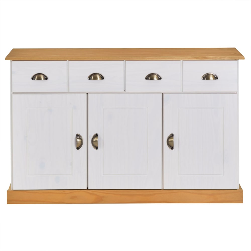 Buffet 2 tiroirs 3 portes en bois massif, blanc/brun