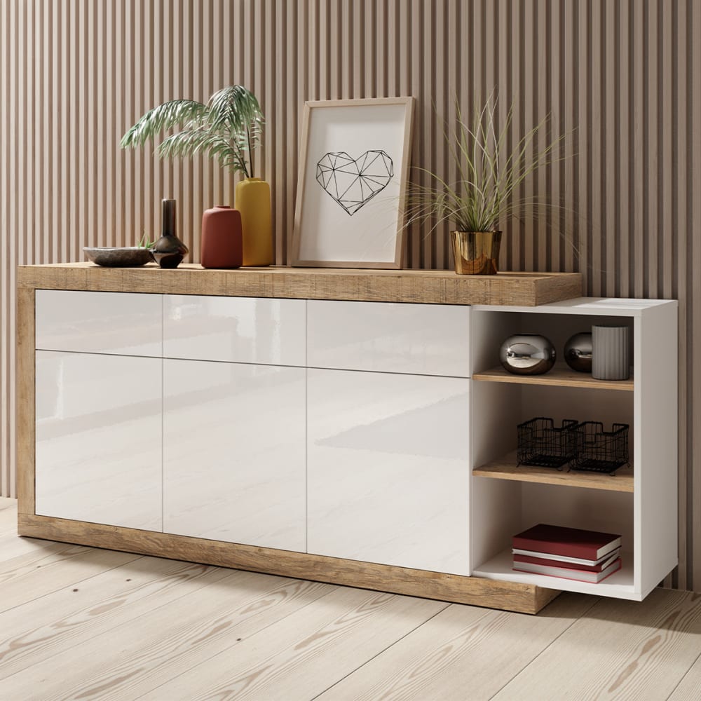 Sideboard 3 Türen 3 Schubladen Laminierte Platten Weiß und Holz -
