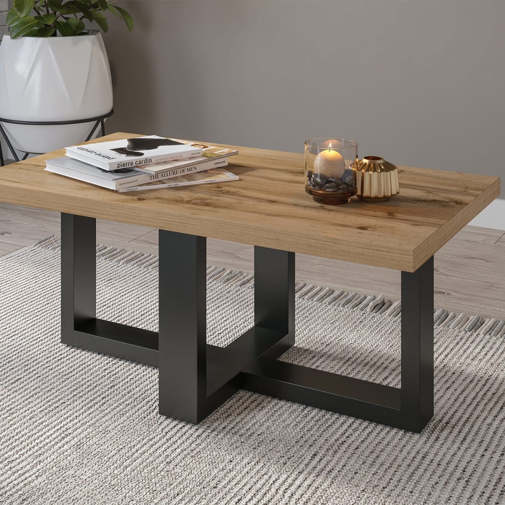 Rechteckiger Couchtisch Laminierte Platten Holz und Schwarz -