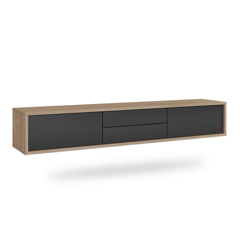 Meuble TV mural 2 portes 2 tiroirs 180 cm stratifiés gris et beige