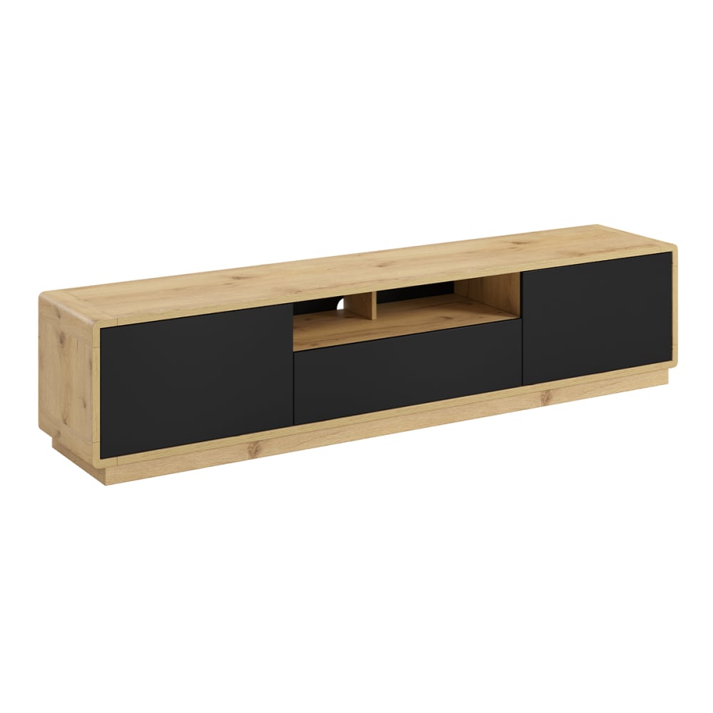 Meuble TV 2 portes 1 tiroir 200 cm stratifiés noir mat et beige