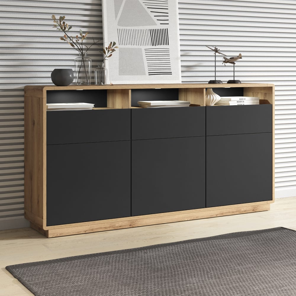 Sideboard 3 Türen 3 Schubladen Schwarz HDF Mattschwarz und Holz -