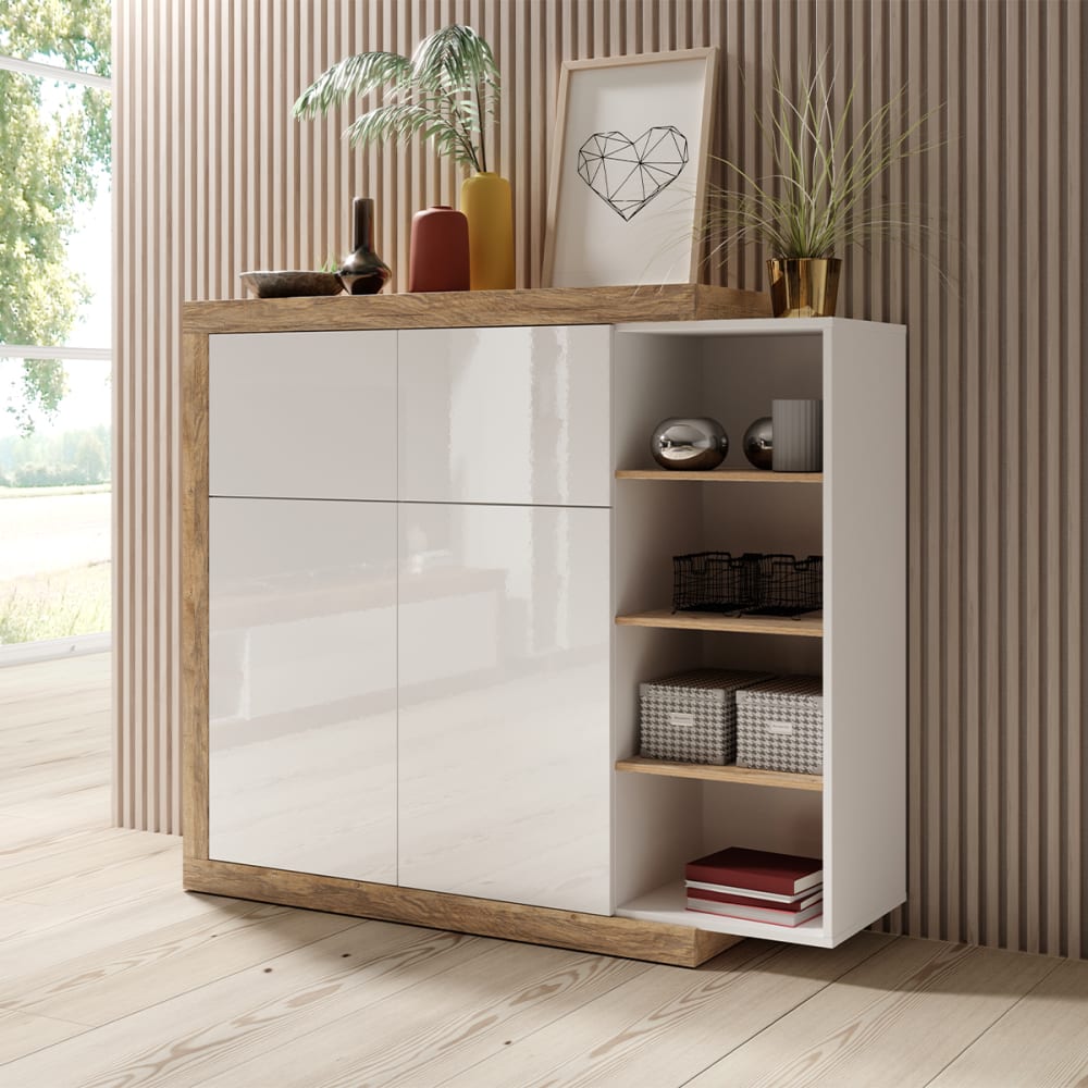 Highboard mit 4 Türen Laminierte Platten Weiß und Holz - Maisons