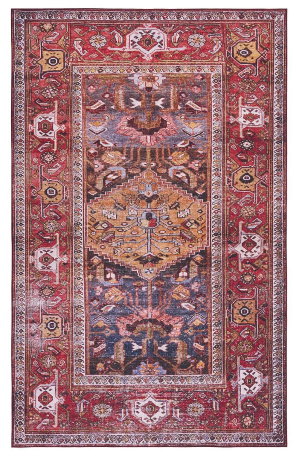 Tapis traditionnel en polyester bleu/orange, 183 x 274 cm