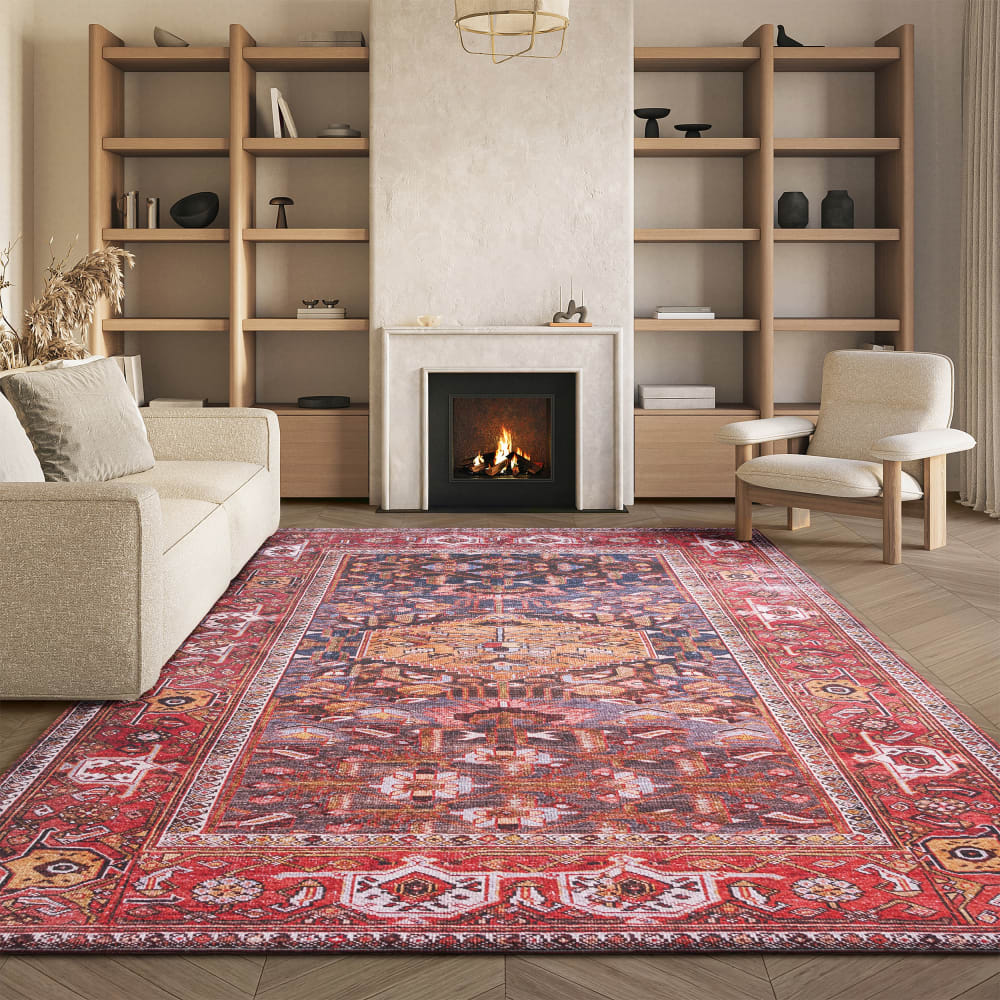 Tapis traditionnel en polyester bleu/orange, 183 x 274 cm — vue 3