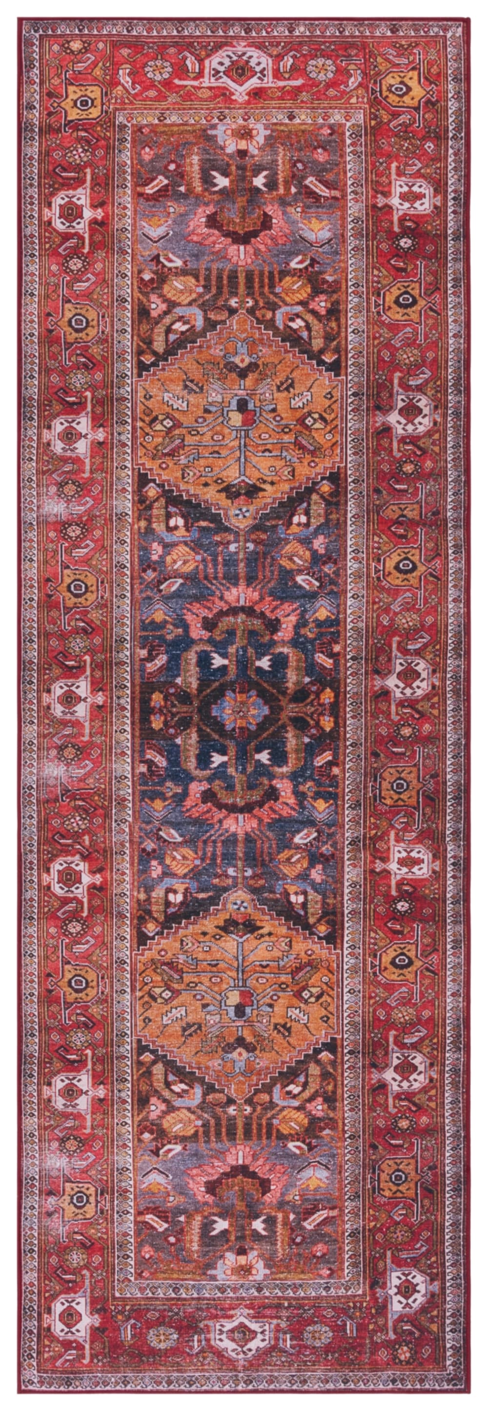 Tapis traditionnel en polyester bleu/orange, 76 x 244 cm