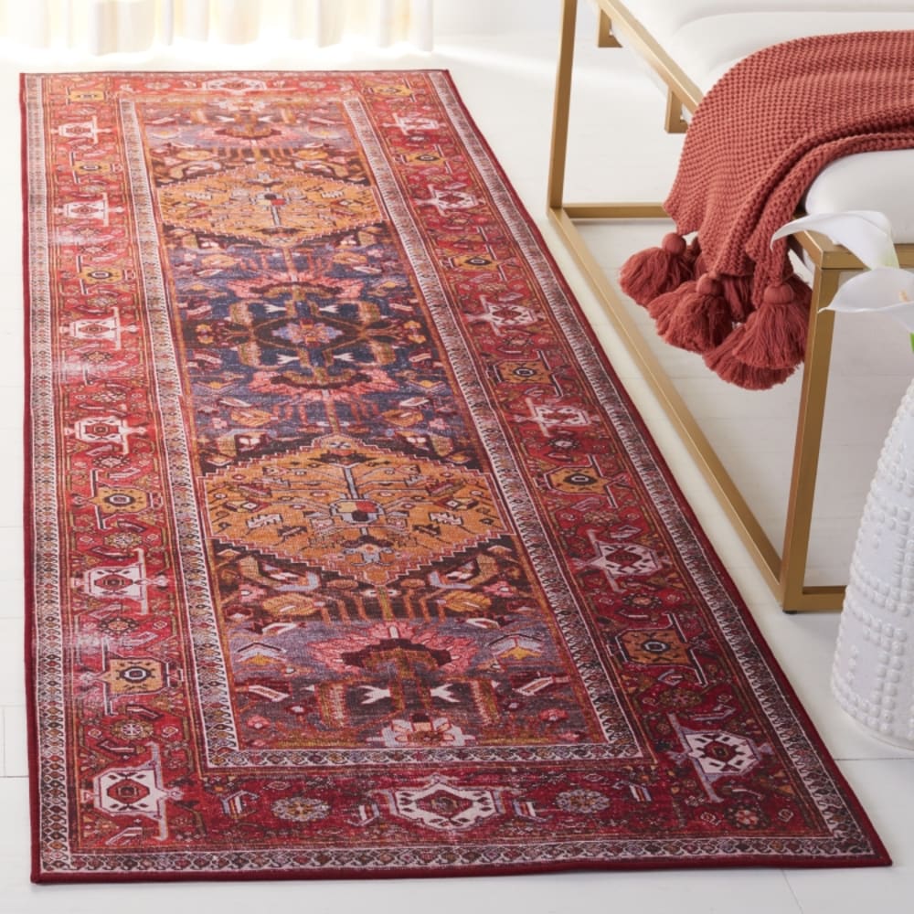 Tapis traditionnel en polyester bleu/orange, 76 x 244 cm — vue 3