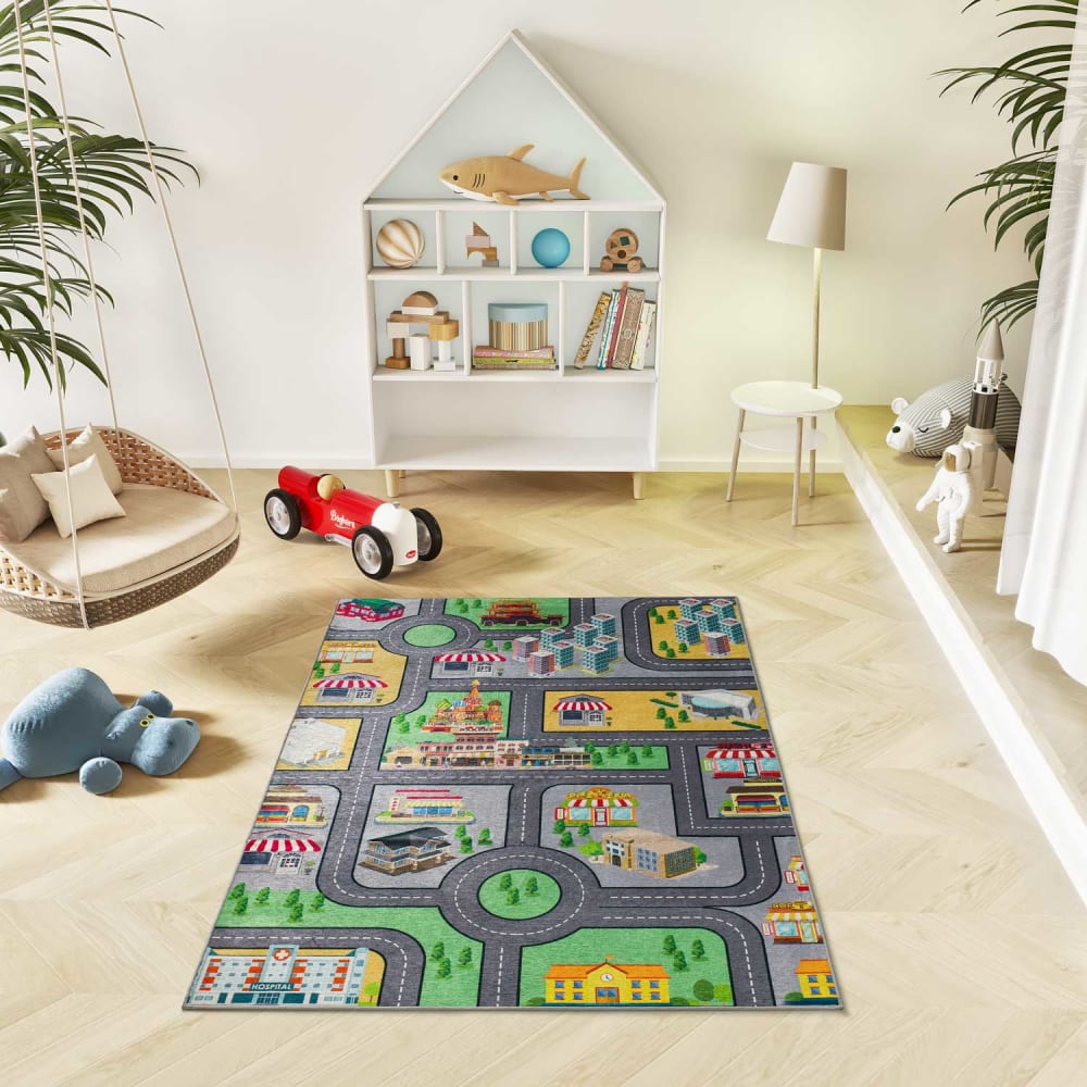 Tapis enfant lavable circuit voiture multicolore 120x170 cm