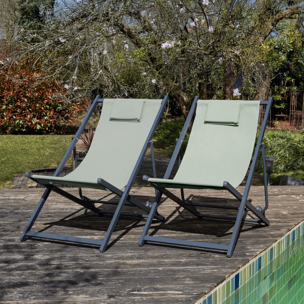 Chaise longue pliante en aluminium et polyester, vert et gris - Maisons du Monde