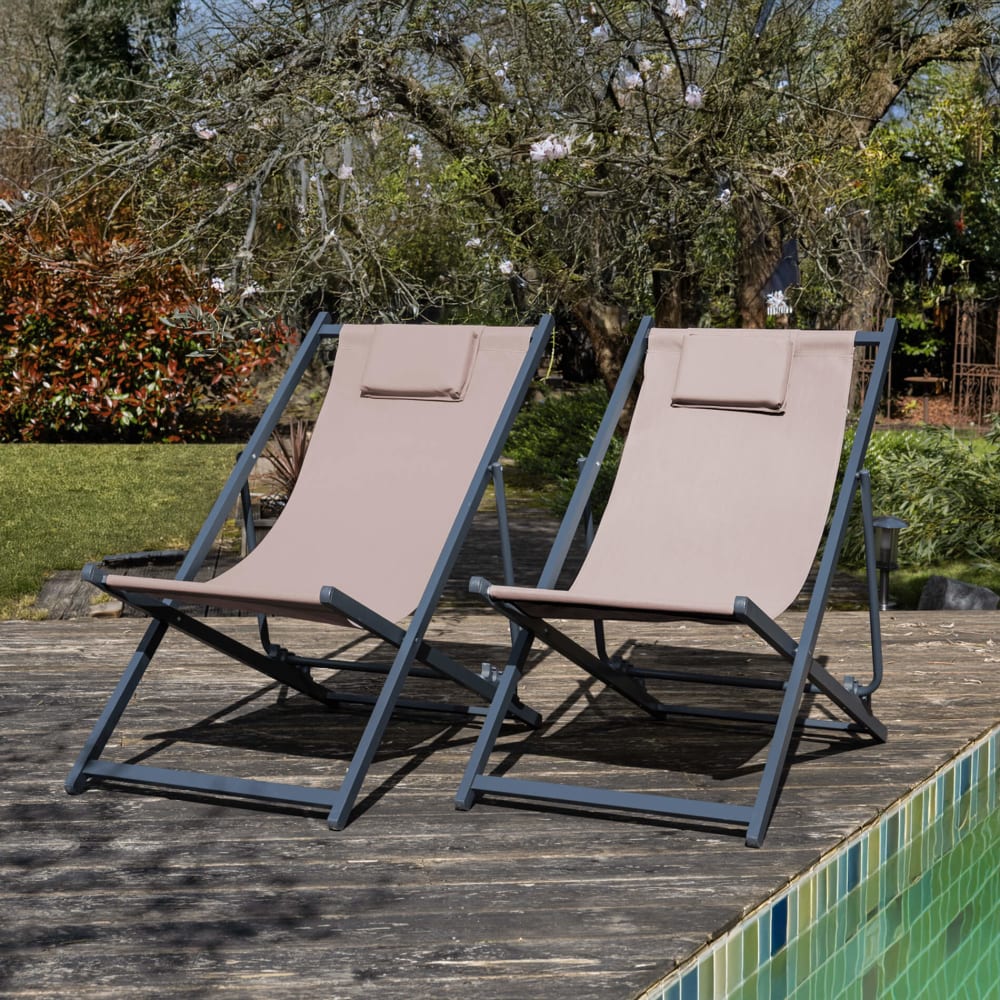 Chaise longue pliante en aluminium et polyester, beige et gris - Maisons du Monde