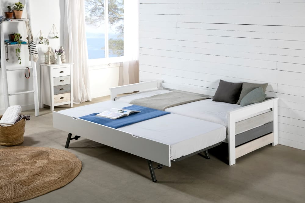 Lit coffre avec deuxième lit gigogne, blanc, 198x62 cm