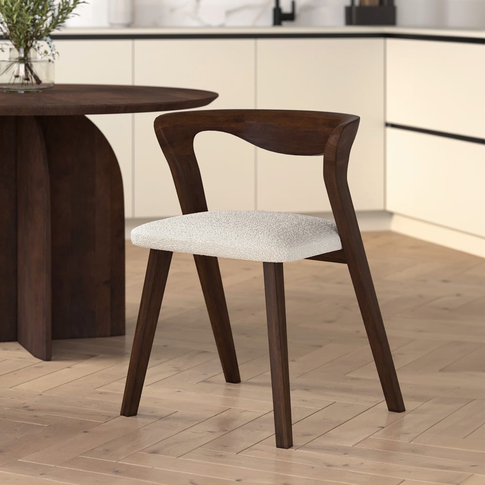 Dunkles Gummibaumholz Stuhl mit cremefarbener Boucle ткани -
