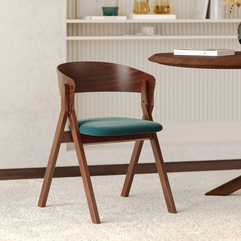 Chaise en bois d'hévéa et tissu vert chiné