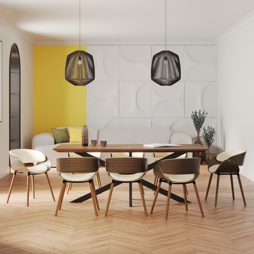 Tisch und Stühle für 8 Personen aus beigem Kunstleder und Holz -