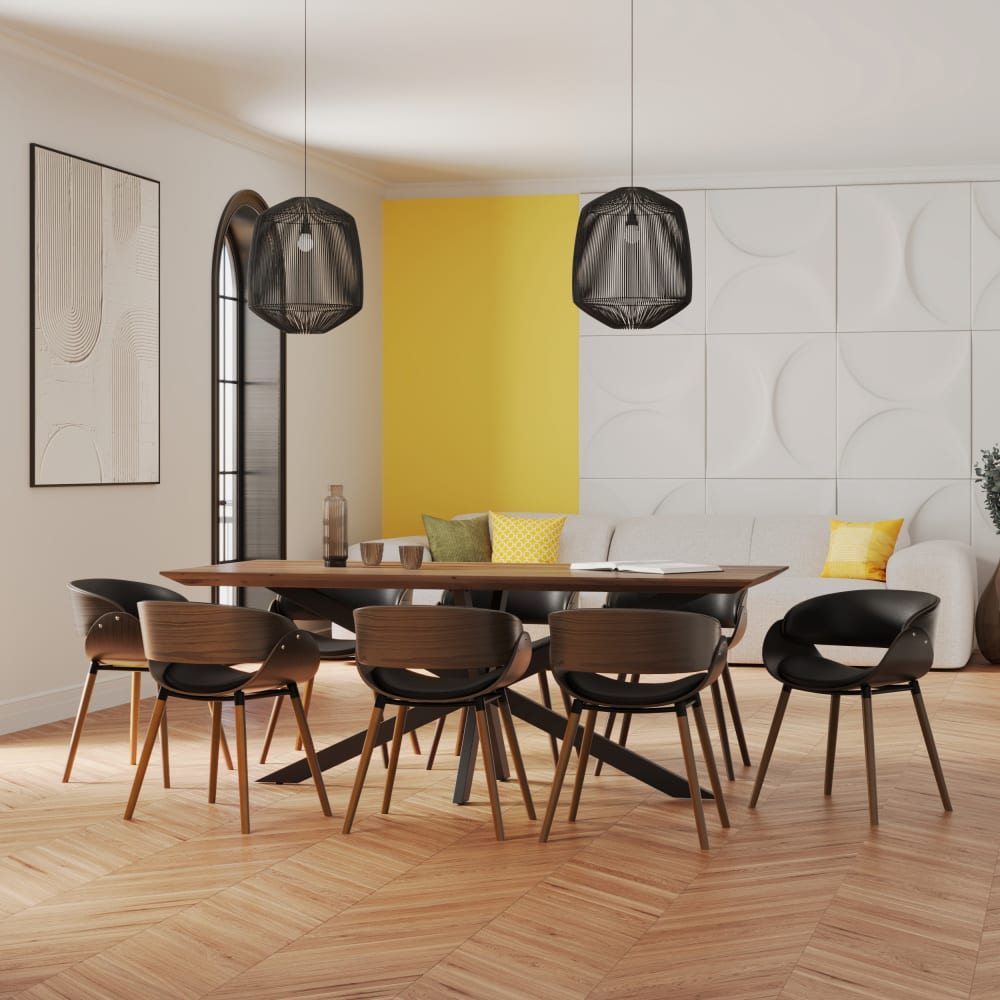 Tisch und Stühle für 8 Personen aus schwarzem Kunstleder und Holz