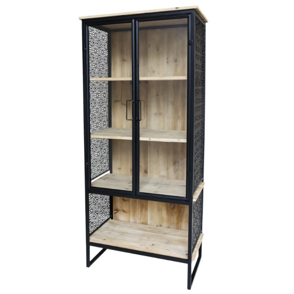 Armoire vitrine en bois et fer marron et noir 71 x 38.5 x 160 cm