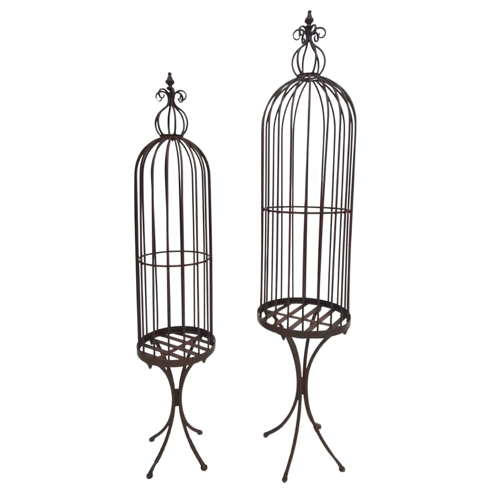 Set2 grandes cages à oiseaux décoratives sur pieds fer marron 150cm