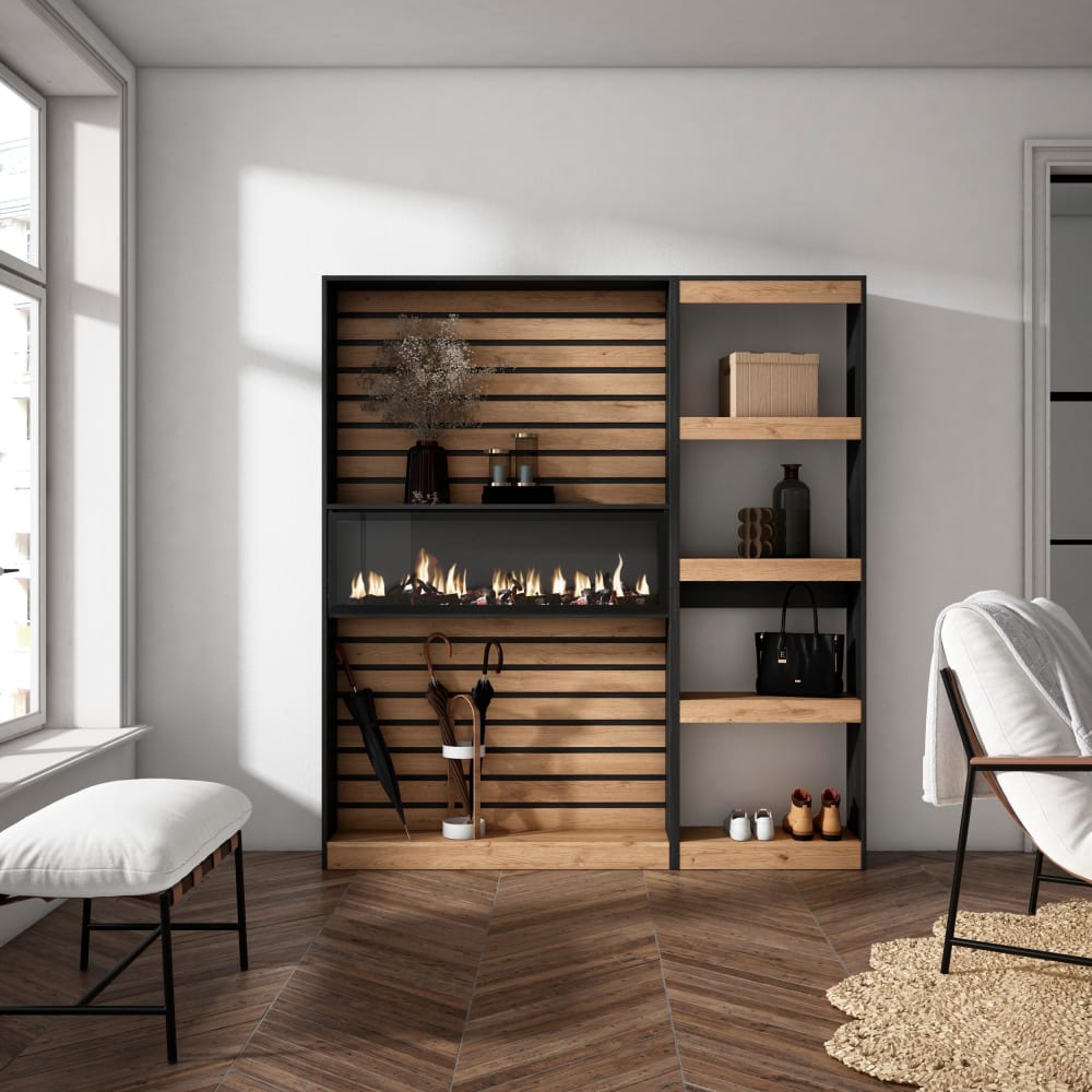 Bibliothèque effet bois de chêne 170x25x186cm cheminée effet feu XXL