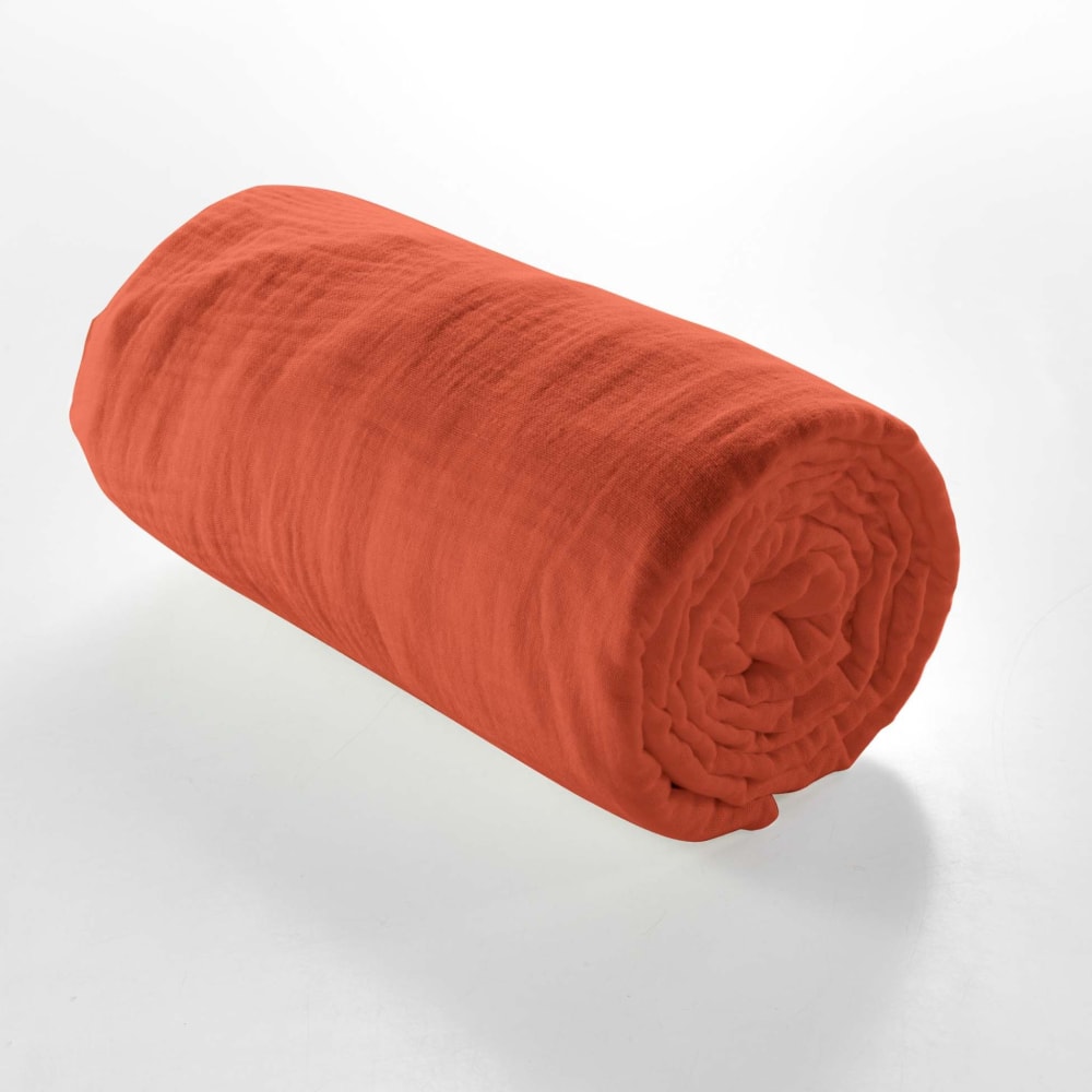 Drap housse double gaze de coton terracotta 140x190 cm Drap housse double gaze de coton terracotta 140x190 cm