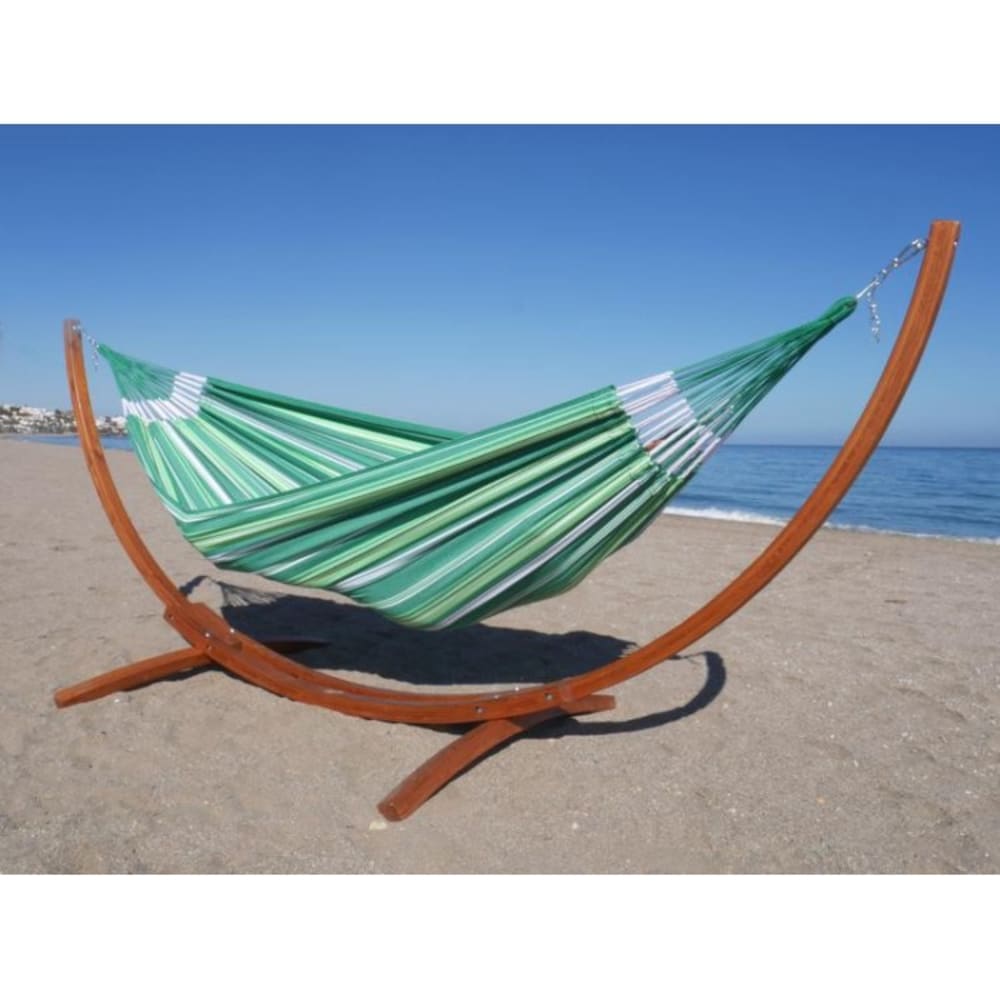 Hamac en coton XXL vert et blanc et support en bois de mélèze