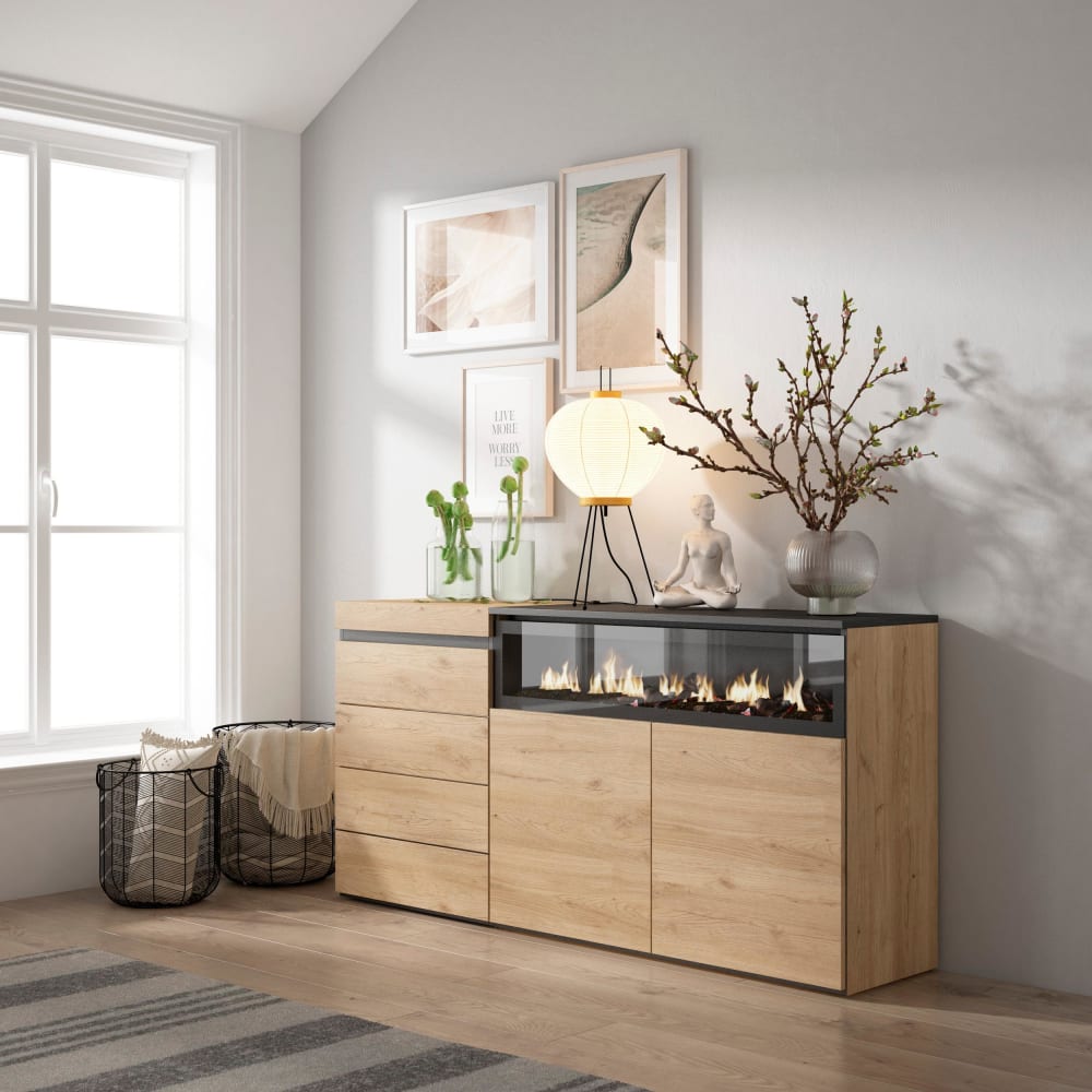 Skraut home Kommode Holzeffekt Kamin mit Feuereffekt 157x35x75cm Eiche style modern Beige Spanplatte