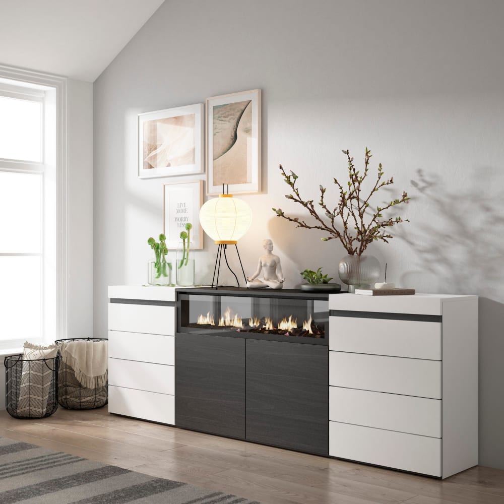 Skraut home Kommode Holzeffekt Kamin mit Feuereffekt 214x35x75cm Weiß und Schwarz style modern Weiß Spanplatte