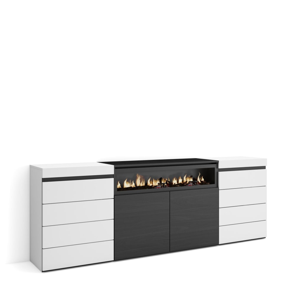 Commode effet bois blanc et noir 214x35x75cm cheminée effet feu - Maisons du Monde